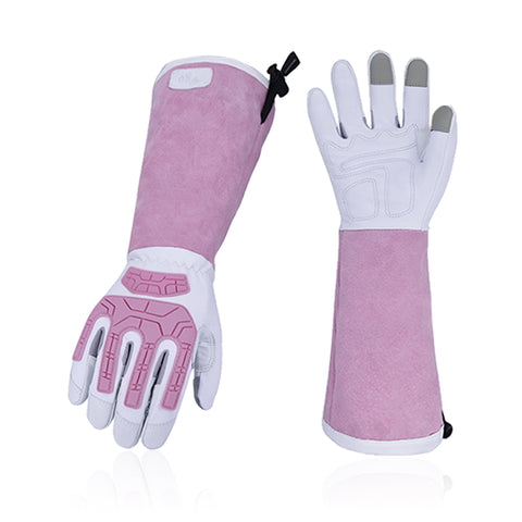 VGO 1 Pair Men/Women's Leather Extra-long Cuff Gardening Gloves, Work Gloves, Puncture-proof, Thornproof, Durability, Touchscreen (Golden Green, CA7472/ Pink White GA9659)
