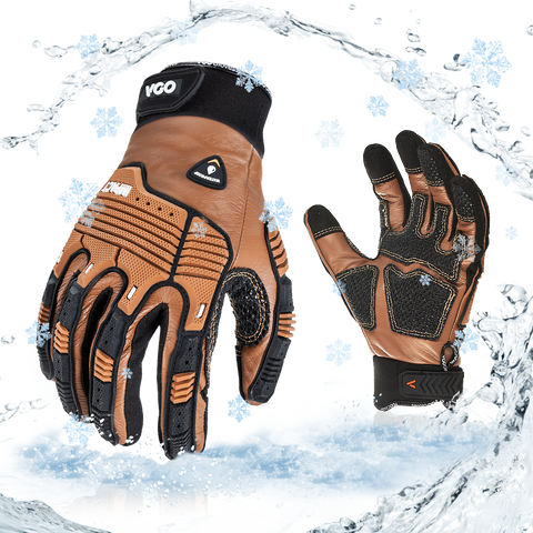 VGO 1 Pair -20℃/-4°F COLDPROOF, Winter Work Leather Gloves, Mechanics Gloves, Impact Gloves, Anti-Vibration Gloves For Men (CA7722FLWP-BRO)
