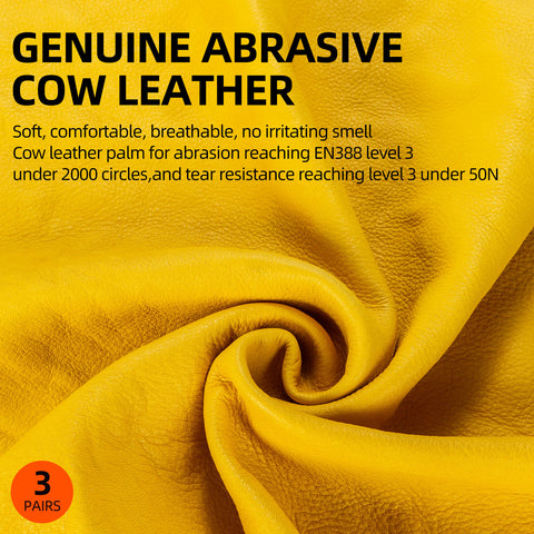 Vgo 1/3 Pairs Unlined Cow Grain Leather Work and Driver Gloves with Cow Split Leather Palm Patch（Gold,CA9590-G)