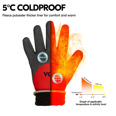 VGO 5Pairs Freezer Winter Work Gloves, Double Lining Rubber Latex Coated for Outdoor Heavy Duty Work(Black/Red, RB6032)