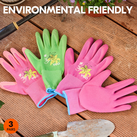 Vgo 3 Pairs Ladies' Foam Latex Coating Gardening and Work Gloves (Green & Pink & Purple, RB6013)