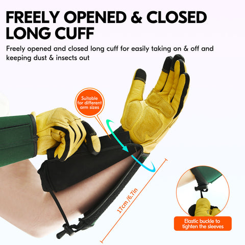 VGO 1 Pair Cow Grain Leather Extra-long Cuff Gardening Gloves, Work Gloves, Puncture-proof, Thornproof, Durability, Touchscreen (Golden Green, CA7472)